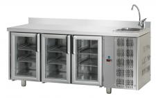 Kühltisch 3 Glastüren Arbeitsplatte + Becken + Aufkantung TF03MIDPV-LAV-AL