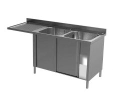 Aisi 304 Commercial Stainless Steel Double-Bowl Sink With Left Side Drainer & Void To Fit Undercounter Washer