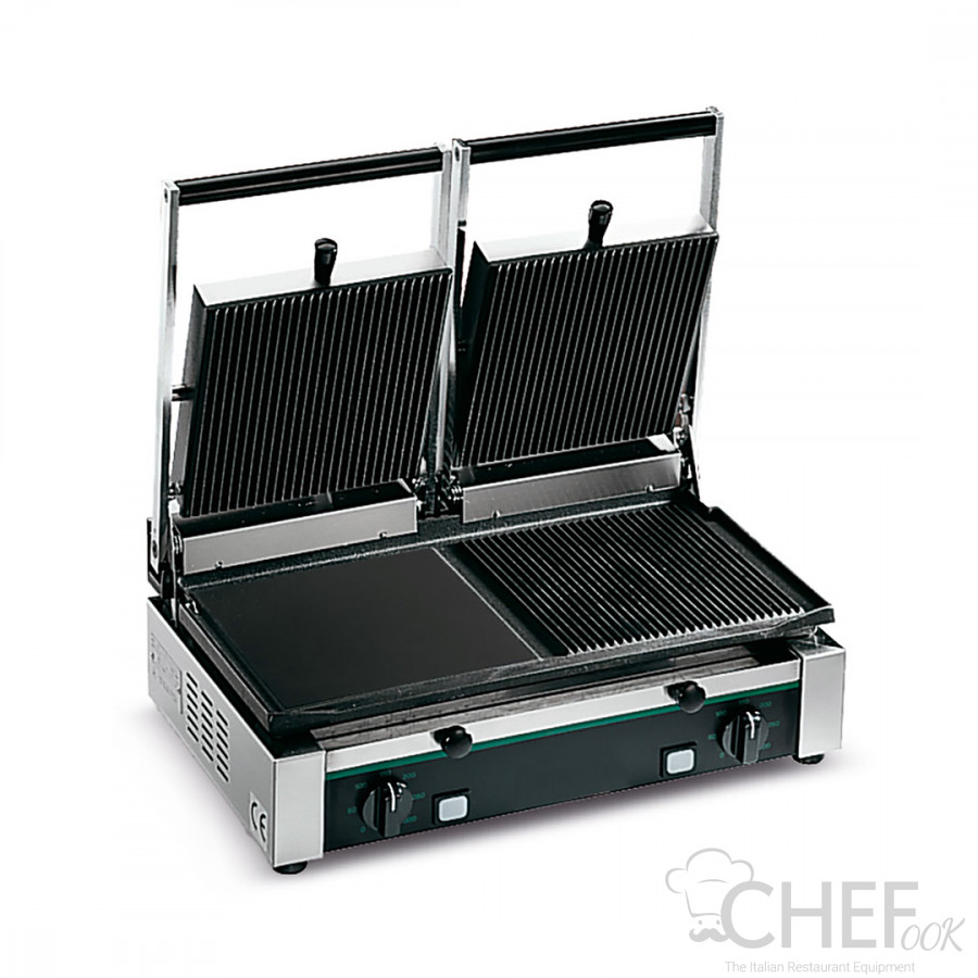 Double Commercial  Cast-Iron Panini Grill Smooth-Grooved / Grooved-Grooved 