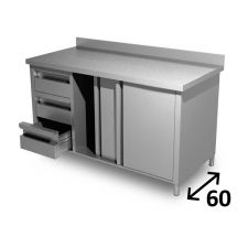 Top Stainless Steel Work Table With Cabinet, 1 Shelf, 3 Left Drawers and Backsplash Depth 60 cm DSTA3CS006A
