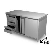 Top Stainless Steel Work Table With Cabinet, 1 Shelf and 3 Left Drawers Depth 60 cm DSTA3CS006