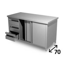 Top Stainless Steel Work Table With Cabinet, 1 Shelf and 3 Left Drawers Depth 70 cm DSTA3CS007