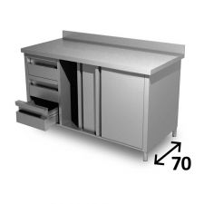 Top Stainless Steel Work Table With Cabinet, 1 Shelf, 3 Left Drawers and Backsplash Depth 70 cm DSTA3CS007A