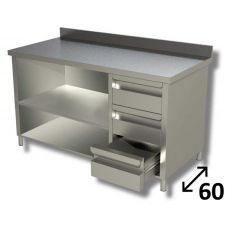 Top Stainless Steel Open-Front Cabinet Work Table With 1 Shelf, 3 Right Drawers and Backsplash Depth 60 cm DSTAGCD006A