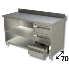 Top Stainless Steel Open-Front Cabinet Work Table With 1 Shelf, 3 Right Drawers and Backsplash Depth 70 cm DSTAGCD007A