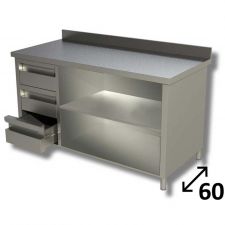 Top Stainless Steel Open-Front Cabinet Work Table With 1 Shelf, 3 Left Drawers and Backsplash Depth 60 cm DSTAGCS006A