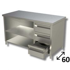 Top Stainless Steel Open-Front Cabinet Work Table With 1 Shelf and 3 Right Drawers Depth 60 cm DSTAGCD006