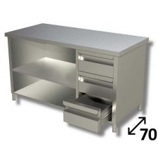 Top Stainless Steel Open-Front Cabinet Work Table With 1 Shelf and 3 Right Drawers Depth 70 cm DSTAGCD007