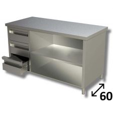 Top Stainless Steel Open-Front Cabinet Work Table With 1 Shelf and 3 Left Drawers Depth 60 cm DSTAGCD006