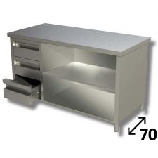 Top Stainless Steel Open-Front Cabinet Work Table With 1 Shelf and 3 Left Drawers Depth 70 cm DSTAGCS007