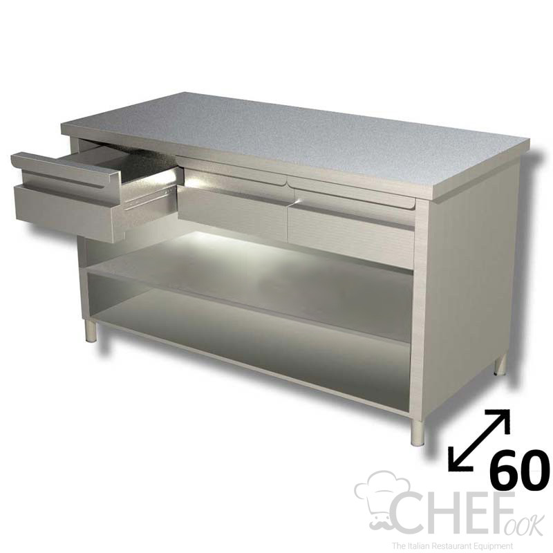 AISI 304 Open-Front Cabinet Work Table With 1 Shelf and Drawers Depth ...